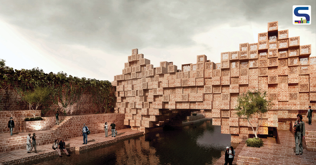 The cuboid volumes create sheltered spaces to sit on the bridge and serves to become a community space for the residents along with the water front. The bridge and the pond are both necessitated by the site conditions & together create a contextual design solution engaging the community derived from traditional architecturen principles & elements.