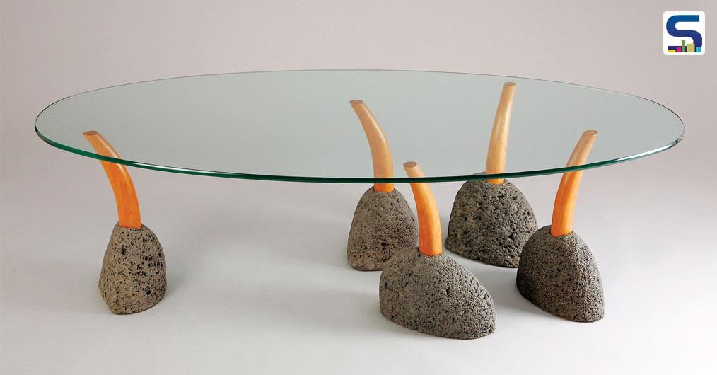 Seth Rolland’s sprout coffee table is made from natural stone and sustainably harvested wood. Three of the legs are set at a fixed height, with additional ones adjustable to accommodate uneven floors.