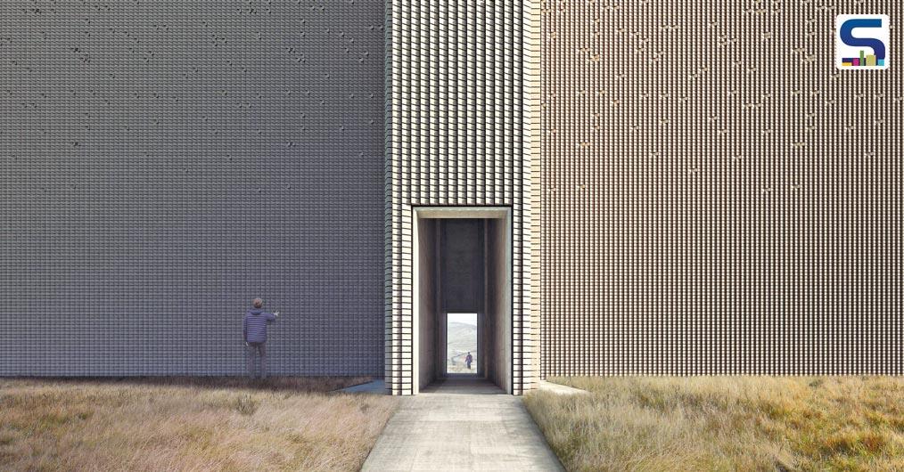 In association with Forbes Massie, designer Giles Miller designed a gigantic monument with a cross-shaped plan and textured brick walls.