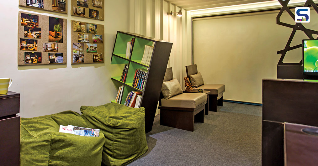 As per client’s requirement small library unit is created next to the waiting area. This unit is designed in a manner to give impact that the unit itself emerges from the wall. Green beanbags are provided to use library unit efficiently.