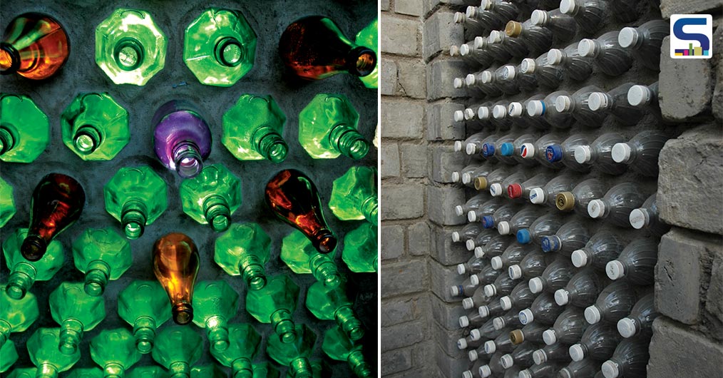 There are six types of materials and techniques used in the making of the walls. These include: Cement bonded fly ash bricks, Mould-compressed bricks made from landfill site waste residue, stabilized Soil blocks, recycled Glass bottles, recycled Plastic bottles filled with ash and waste residue, and vegetable crate wood paneling in the inner partition walls.