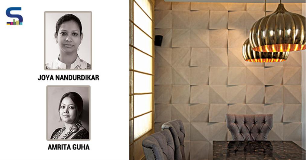 Instead of placing the natural stones in normal format, Amrita and Joya have beautifully twisted the laying pattern with inspiration from Origami. This wall is the focal point of a drawing room.