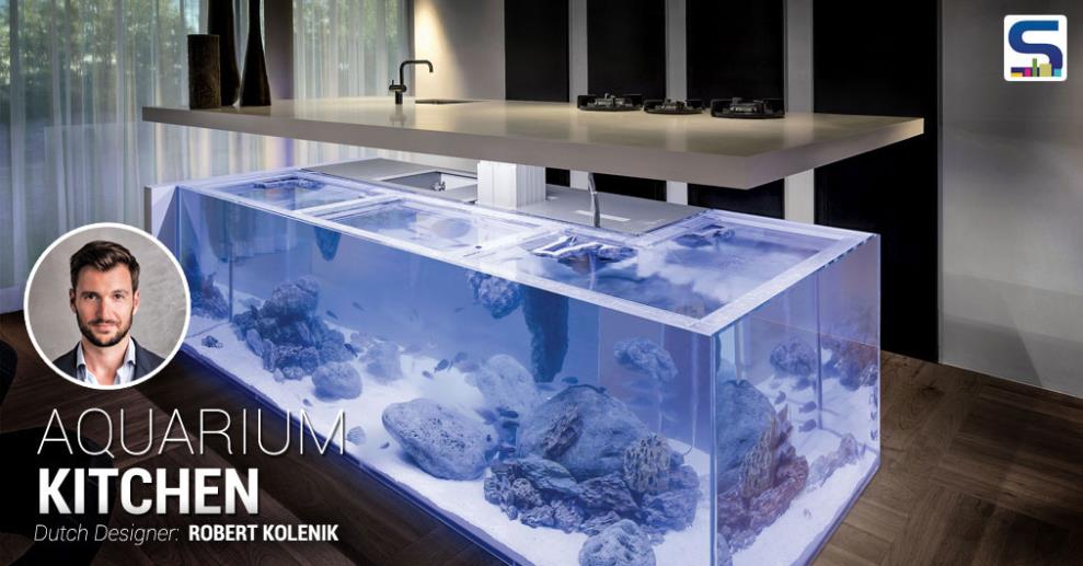Dutch designer Robert Kolenik has turned an ordinary kitchen into a luxurious lounge with his fully functional aquarium kitchen. The enormous aquarium/kitchen island is topped with an L-shaped Corian countertop that rises with the touch of a button.