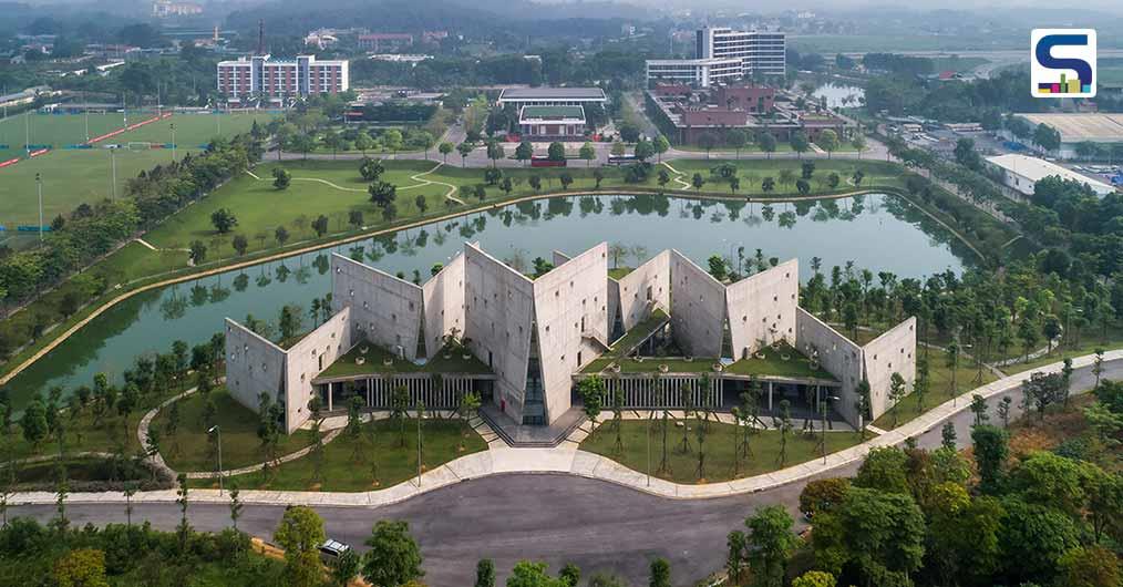 A Series of Six Concrete Open Book Shape Pavilions Connected to Create A Zig Zag Office in Vietnam | Vo Trong Nghia Architects