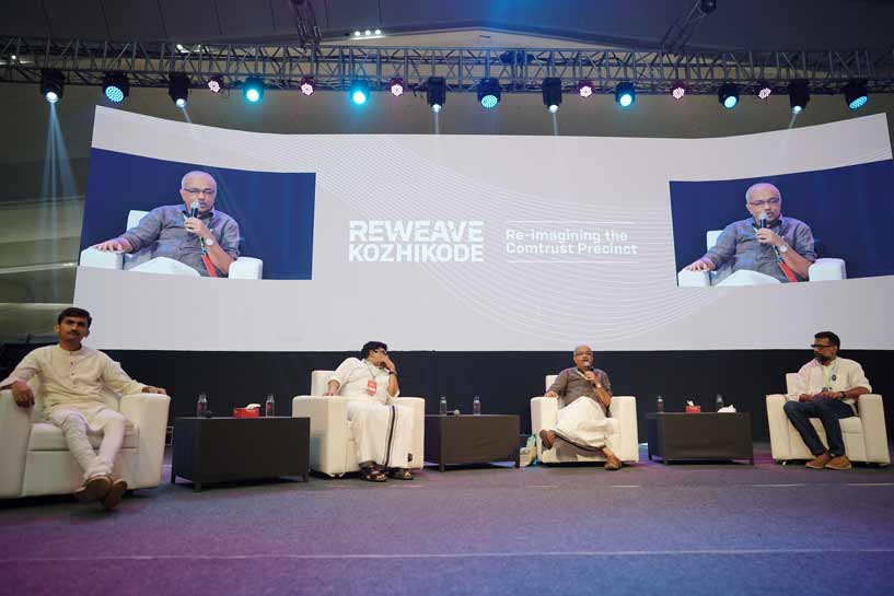 Reweave Kozhikode finalists presentation being remarked upon by public dignitaries. Also promising to have inclusive discussions on the same. From left is seated honourable District Collector, Shri. Narasimhaguri T. L. Reddy, Dr.M. K. Muneer, MLA and Shri.Pradeep Kumar A., Ex-MLA, along with moderator Ar.Vinod Cyriac.