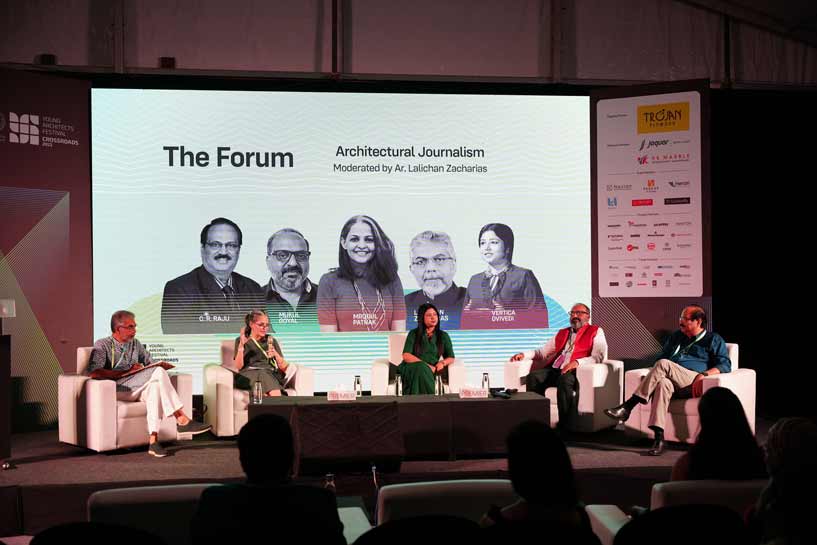 A session in the Forum: Architectural Journalism. On the dias from left; moderator Ar.Lalichan Zacharias; Ms.Mrudul Pathak; Ms.Vertica Dvivedi; Ar.Mukul Goyal and Ar.C.R.Raju, President, IIA, National 