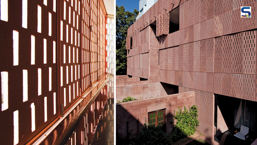 Inspired by the age-old double skinned structures of the region, (the traditional stone latticed jharokha form of Rajasthani architecture – which perform multiple functions of passive cooling and offering privacy to the user), these buildings act as lanterns framing the site