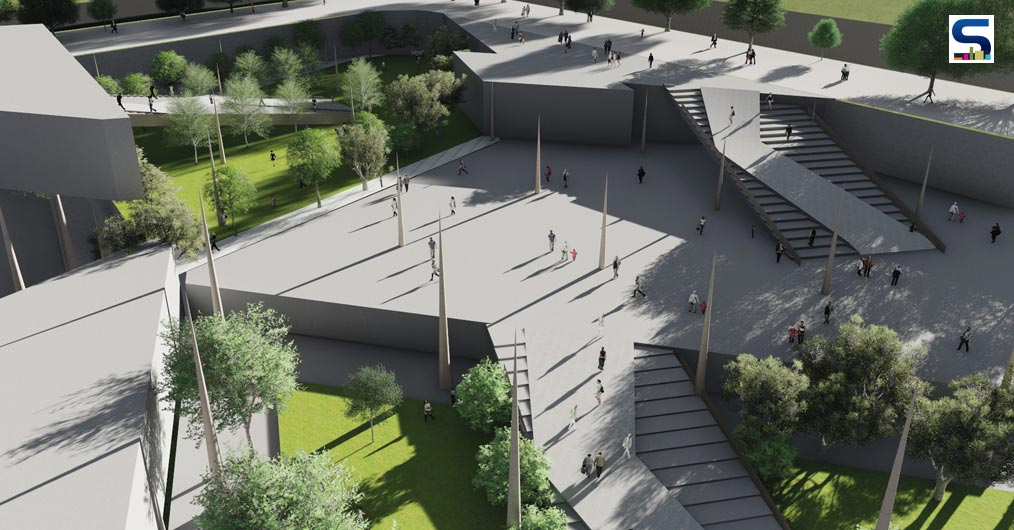 The site is divided primarily into two parts – North Block and South Block where South Block is an agglomeration of building blocks suspended on triangular-column grid in a large sized pit. These blocks form an urbanscape made of multiple roofs (hardscape & softscape) interconnected by a series of Steps & Ramps for public usage.