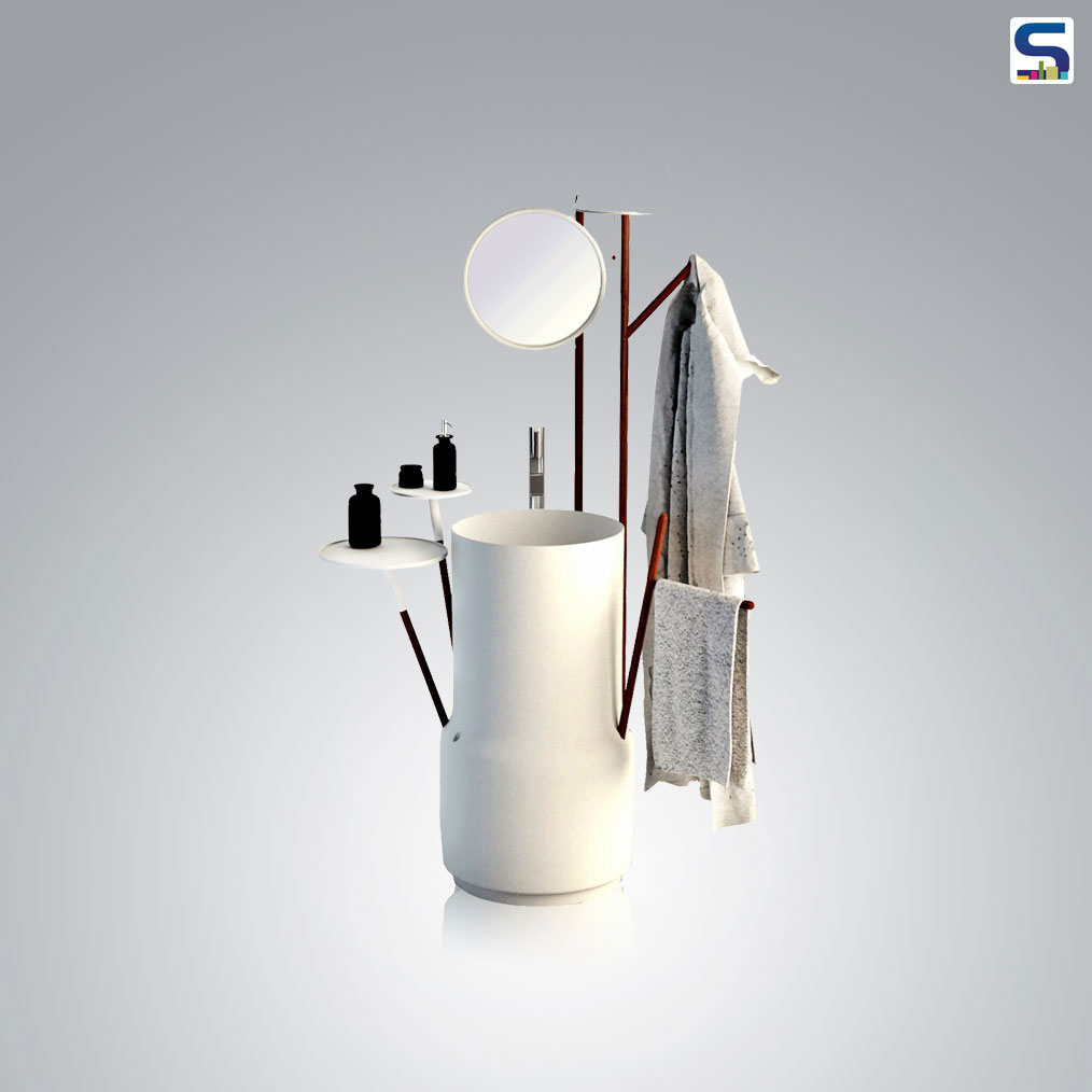 A free-standing washbasin, versatile, elegant and "accommodating" (hence the name Butler).
