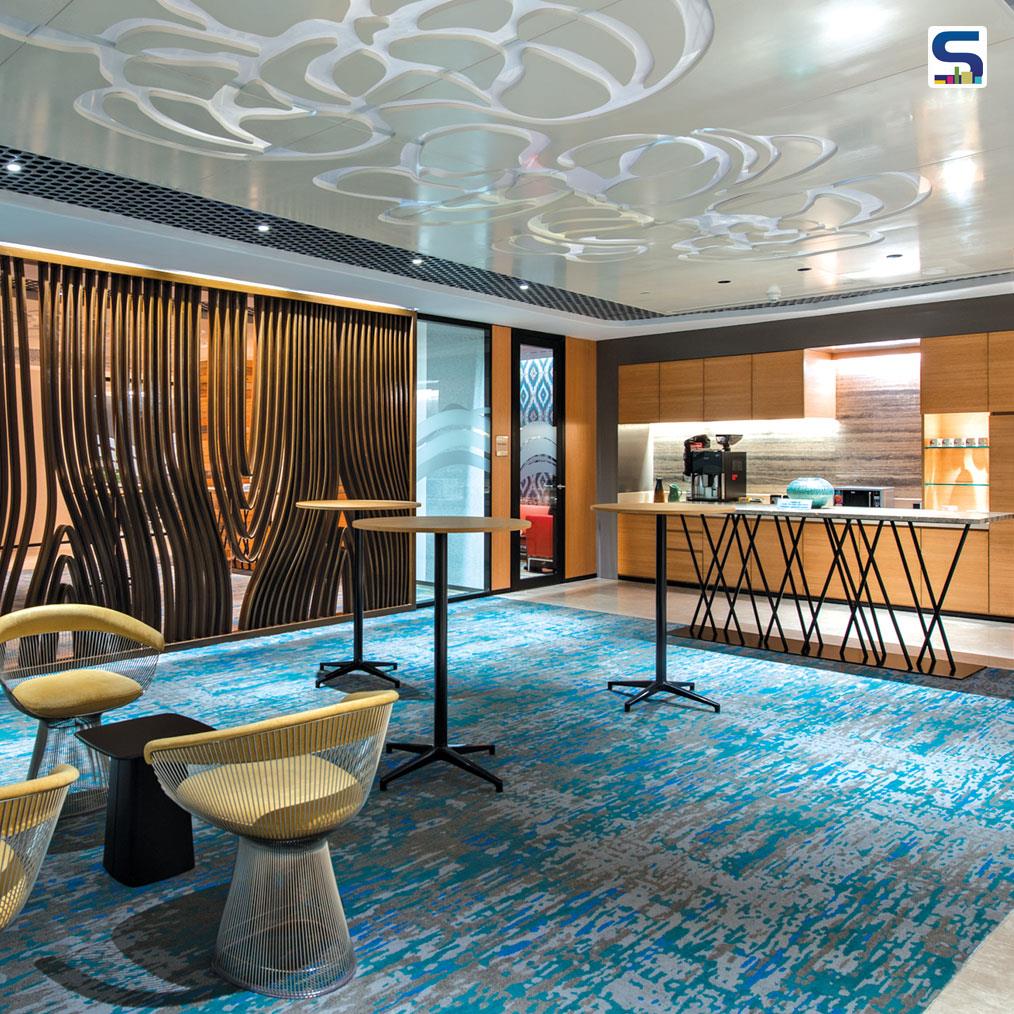 The designers of the Microsoft Office in Mumbai explored not just the minuteness of oceanic elements and behaviours but have also gone macro to handpick patterns like this carpet placed at the break-out zone to reflect an aerial schematic of the water bodies on earth if imagined from the outer space