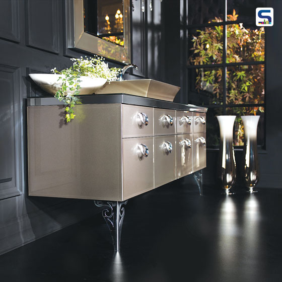 The striking new Argento vanity from Topex Designs brings an incredible sense of glamour and luxury to the bathroom. The face of the vanity is comprised of eight elegant drawer fronts with scroll-inspired hardware.
