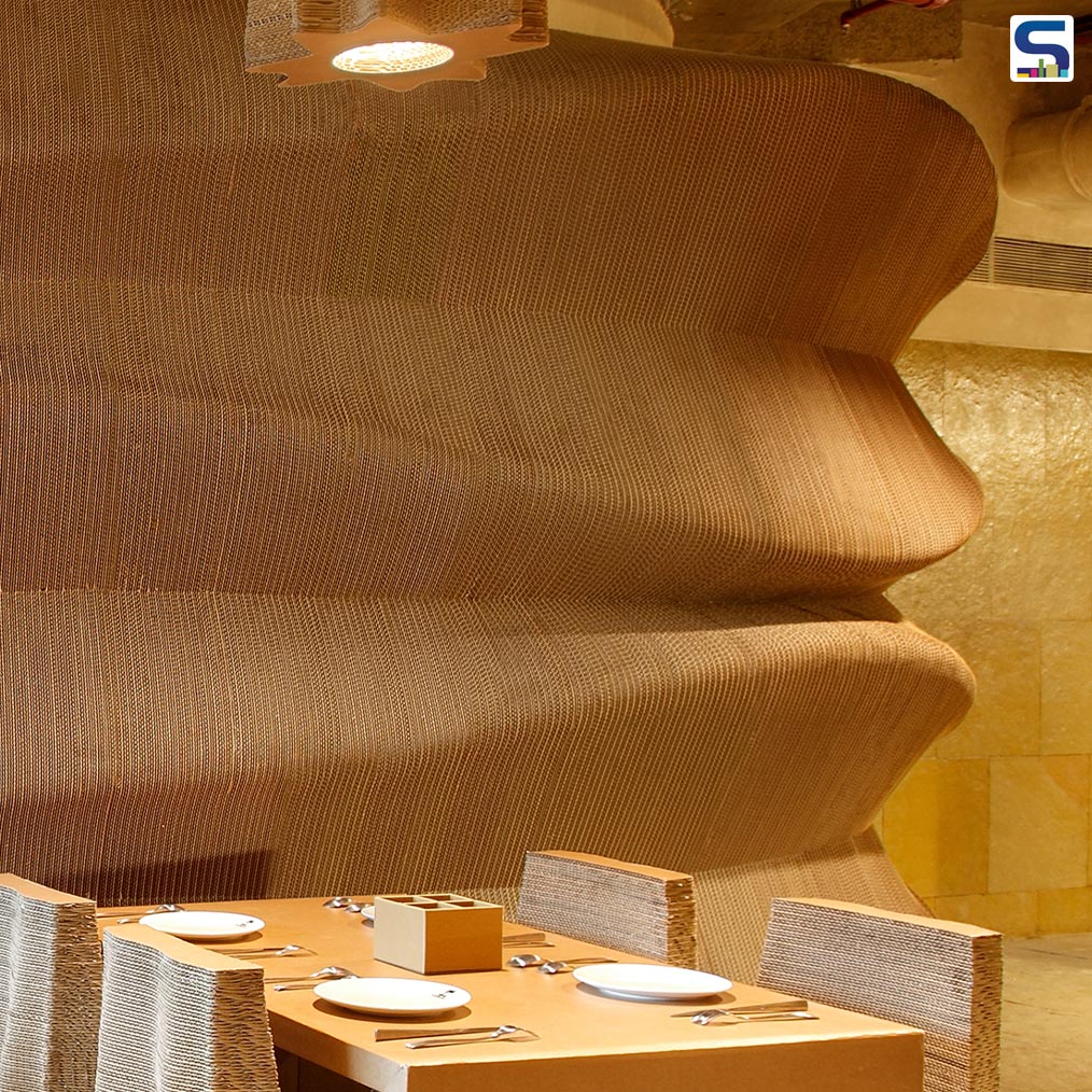 Sited in Mumbai’s central business district, Bandra Kurla Complex, Cardboard Bombay is a cafetaria located on the ground floor designed by Nuru Karim, the founder of Nudes- an Indian Architecture Studio