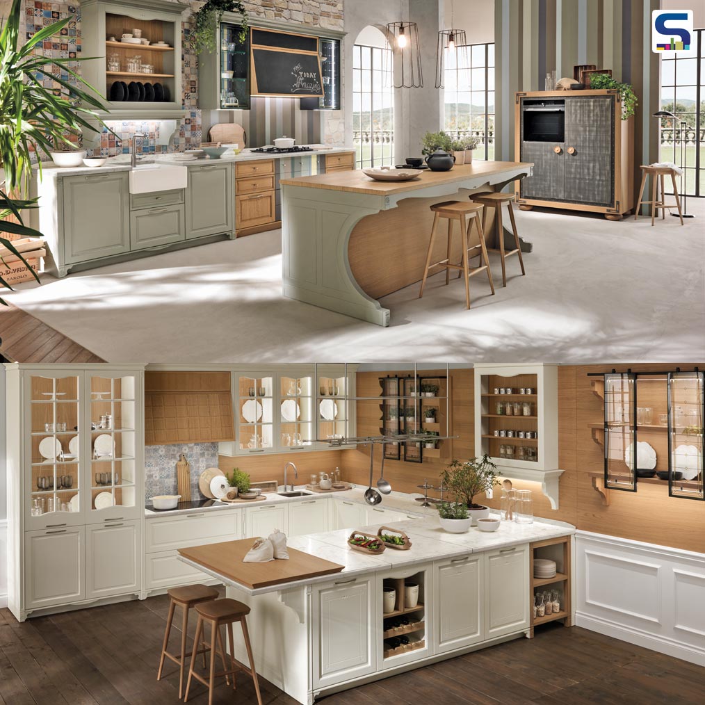 Reminiscent of country style kitchens, the portrait kitchens from Aster feature muted earthy colours combined with interesting lacquered or veneer finishes.