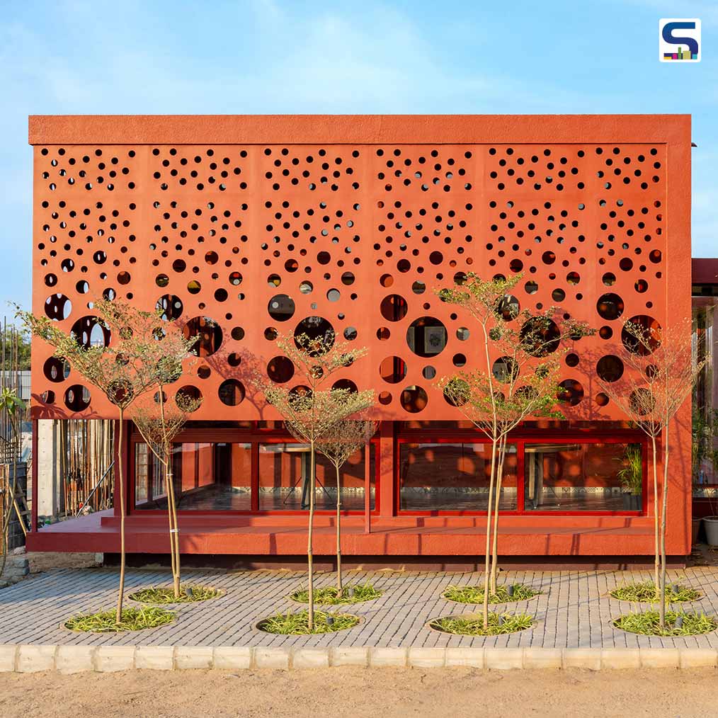 The Japanese Resist Dyeing Technique Characterises The Red Dotted Facade of the Shibori Office | tHE gRID Architects | Gandhinagar