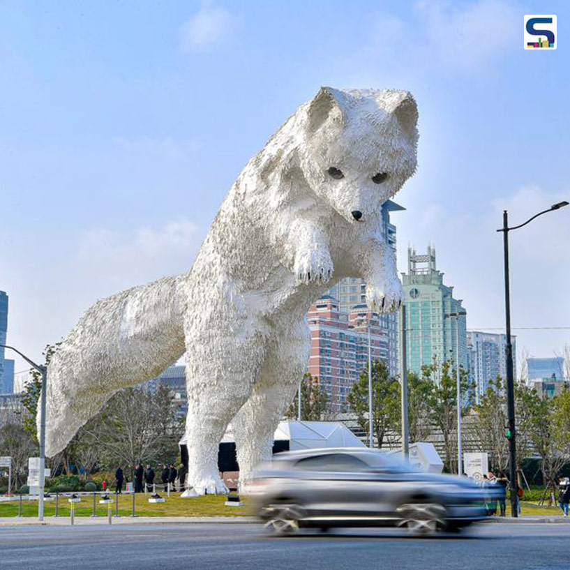 Towering Arctic Fox adorned with 380,000 Manually Applied Eco-Friendly Tyvek Paper Pieces for Fluffy Fur