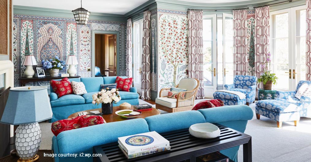 blue furniture in living room